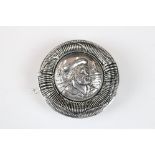 Silver plated round vesta case with embossed naval figure
