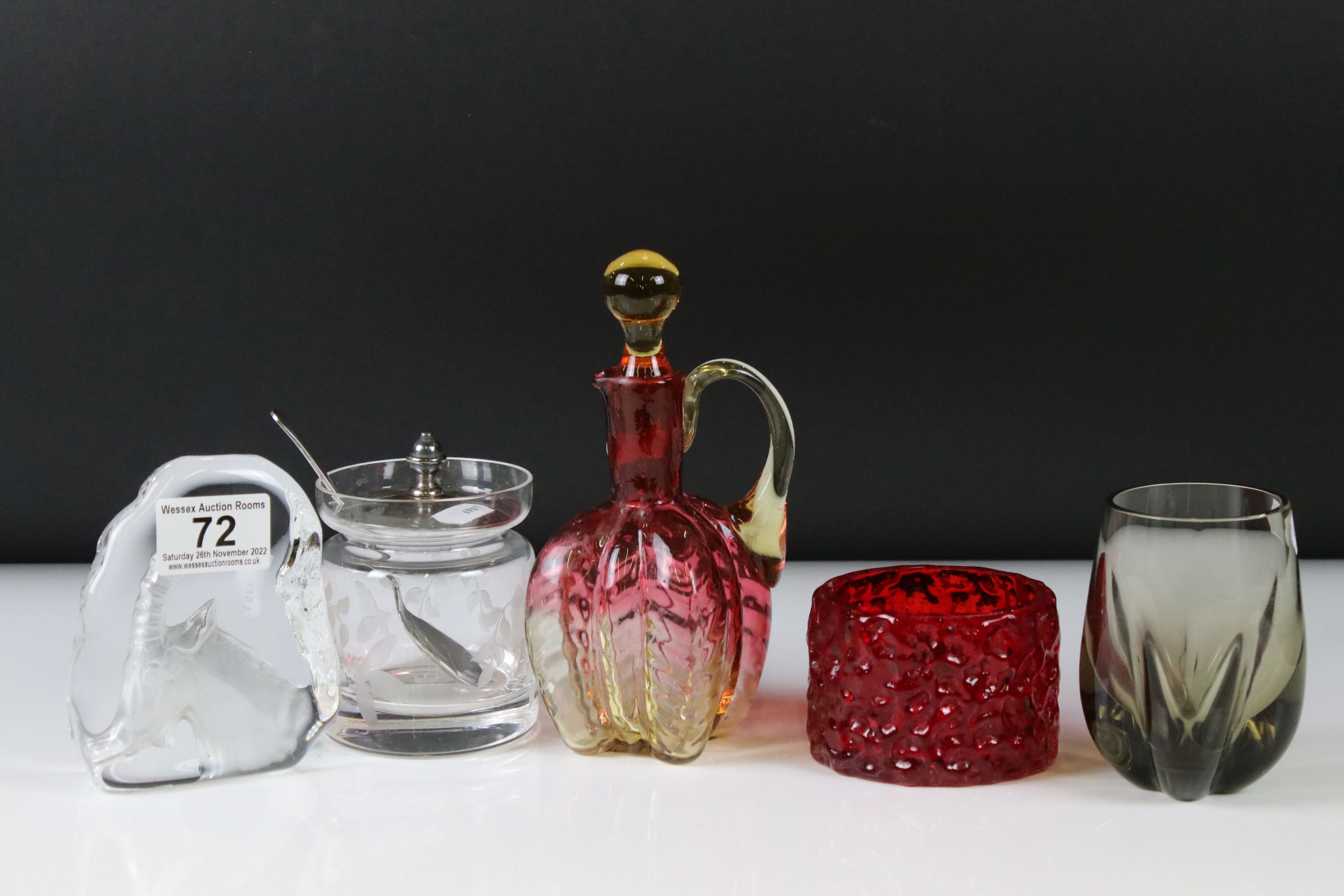 Five items of Glass including Whitefriars style Red Bark Candle Holder, 6cm high, Pink and Yellow