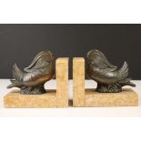 Pair of Art Deco Marble Bookends mounted with Bronze Mandarin Ducks, 11cm long x 10cm high