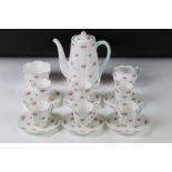 Shelley Coffee Set decorated in the Dainty shape and Rosebud pattern comprising Coffee Pot, Six