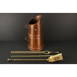 Hammered copper coal chute / scuttle with set of three brass fire irons