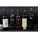 A collection of five bottles of wine to include Laureate Bordeaux 1986, Rioja Cosecha 1986,
