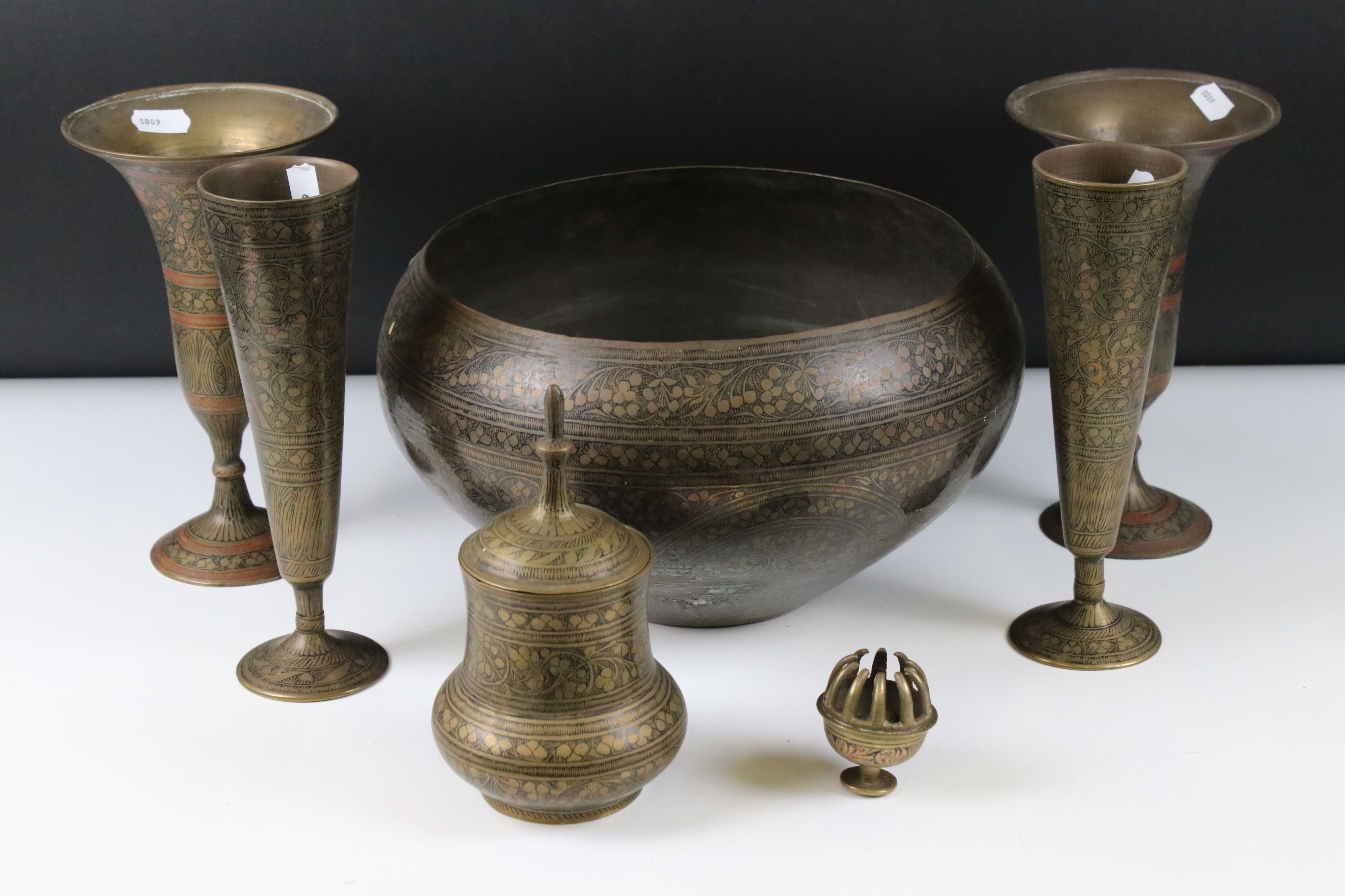 Collection of Engraved Indian Brass including Two Pairs of Vases, 21cm high, Lidded Jar, Bowl and