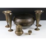 Collection of Engraved Indian Brass including Two Pairs of Vases, 21cm high, Lidded Jar, Bowl and