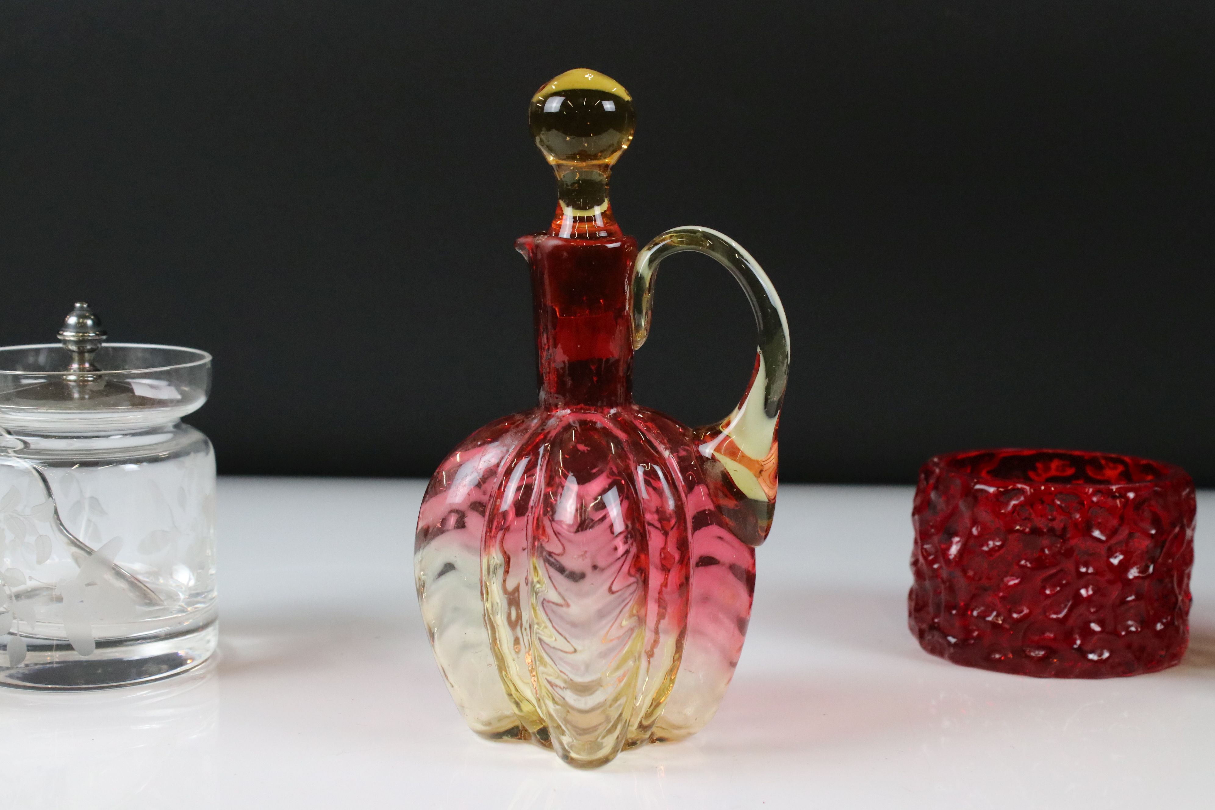 Five items of Glass including Whitefriars style Red Bark Candle Holder, 6cm high, Pink and Yellow - Image 4 of 5