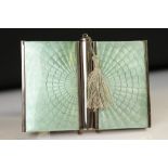 Art Deco Chrome Plated Combination Compact and Cigarette Case with green guilloche style