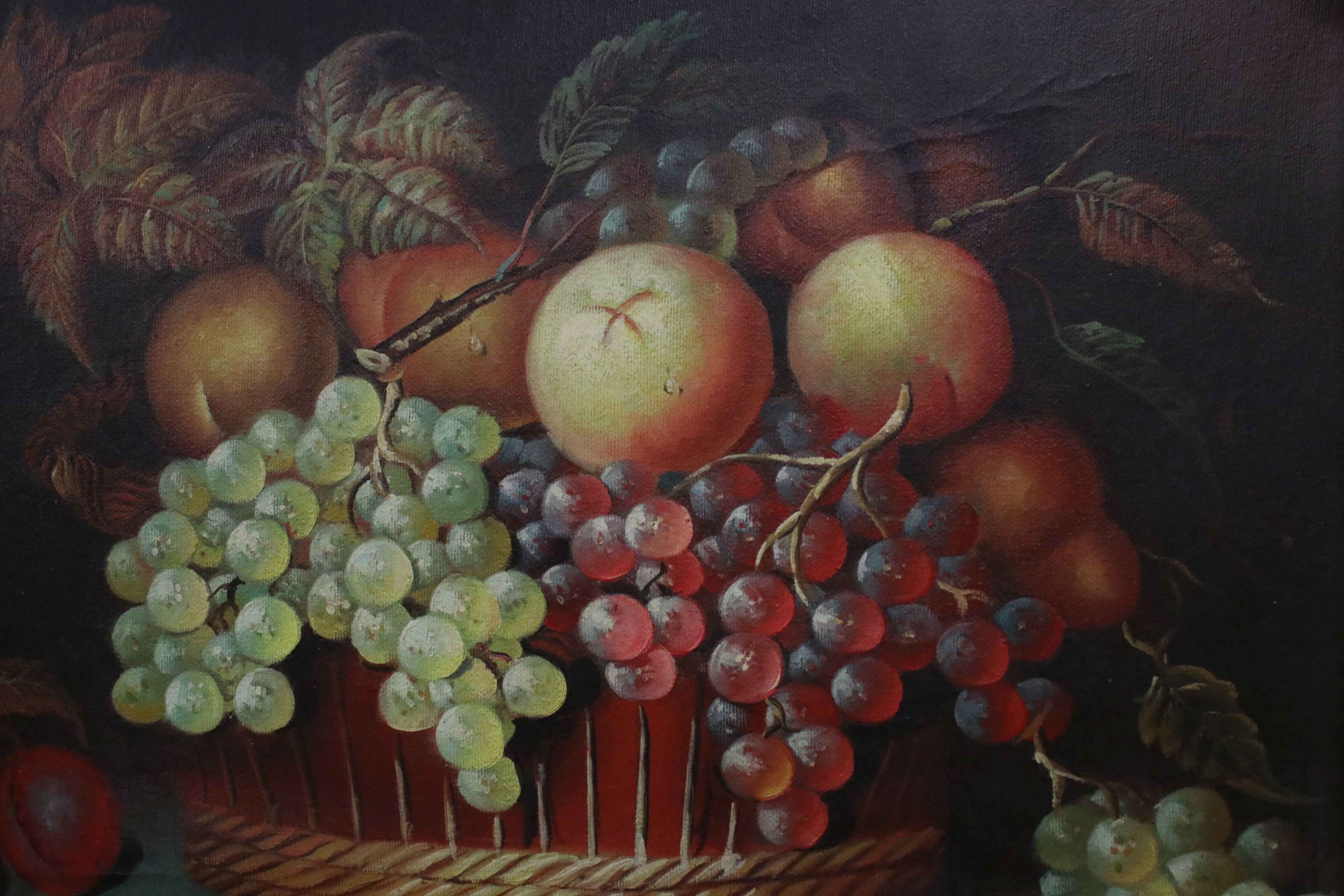 Oil painting, still life study of fruit & basket, 39cm x 29cm, ornate gilt frame - Image 3 of 3