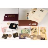 A small box of collectables to include three ladies 9ct gold rings, coins, first day covers and a
