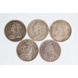 A collection of five Queen Victoria silver half crown coins to include 1887, 1888, 1898, 1896 and