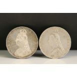 Two Queen Victoria jubilee head silver double florin coins, both dated 1887.