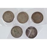 A collection of five King Edward VII silver half crown coins to include 1910, 1909, 1910, 1906 and