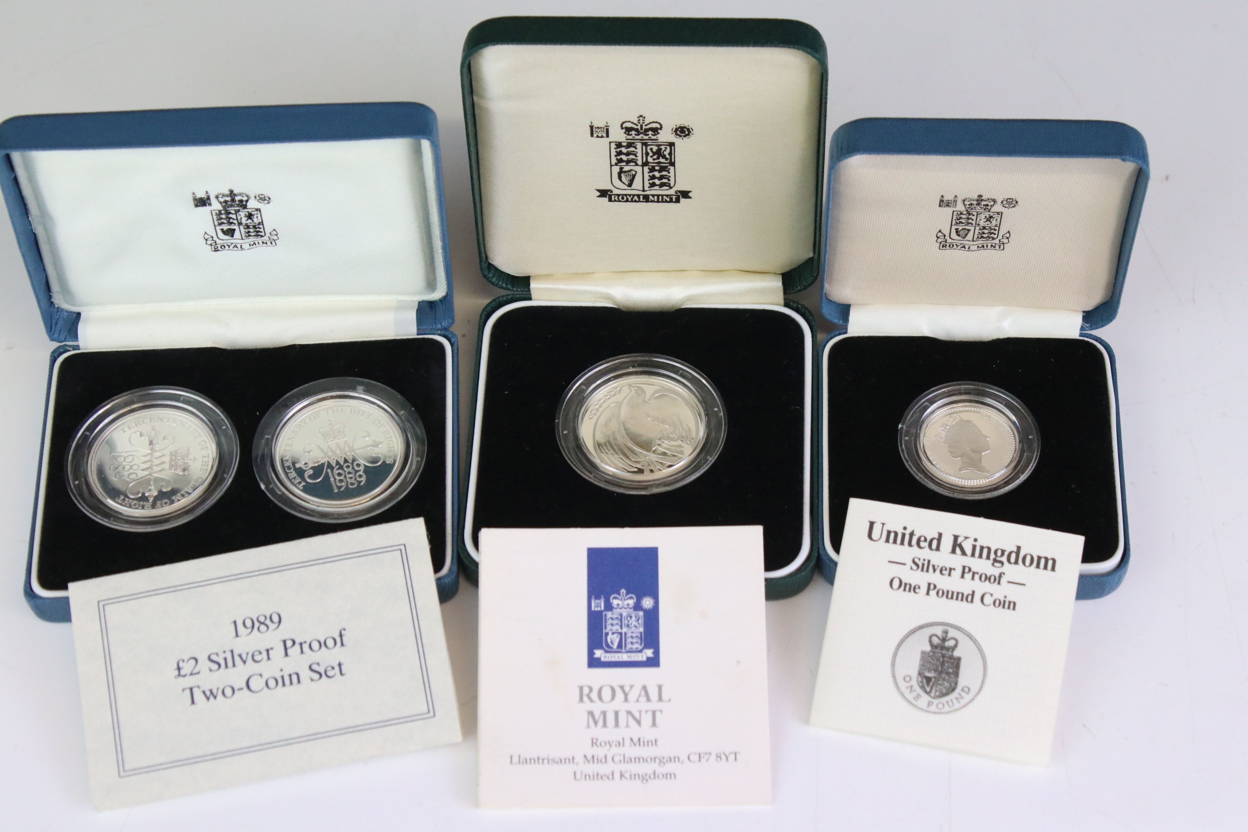 A collection of three silver proof coin sets to include Royal Mint 1988 £1 coin, Royal Mint 1995