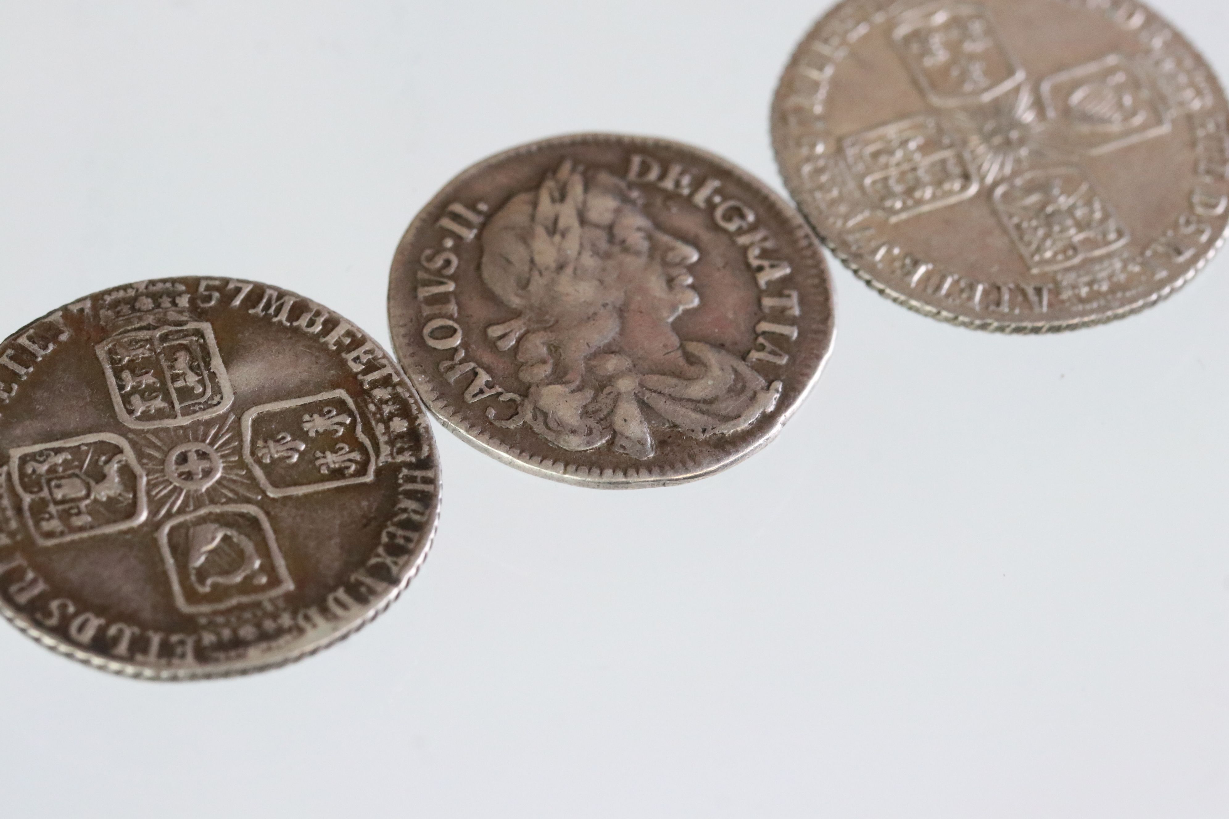 Three early milled British silver coins to include a King Charles II sixpence dated 1679 and two - Image 3 of 3