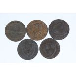 A collection of five 18th century factory half penny copper tokens / coins.