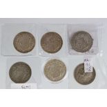 A collection of six King George V silver half crown coins to include 1916, 1914, 1916, 1915, 1915