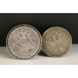 Two King George III silver full crown coins to include a 1820 and an 1822 example mounted as a