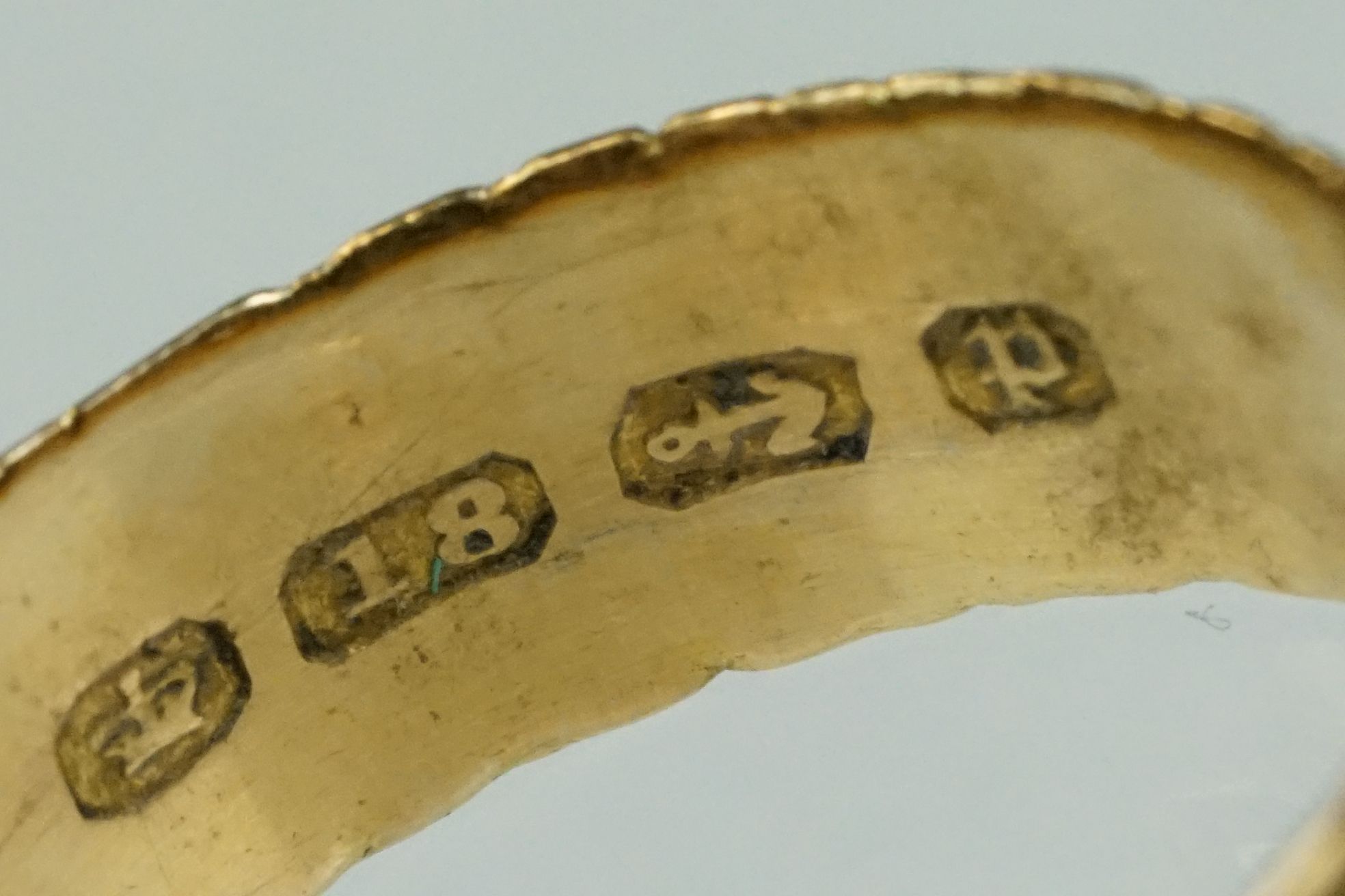 Victorian 18ct yellow gold wedding band, engraved decoration, width approx 6.5mm, ring size O-O½, - Image 4 of 8