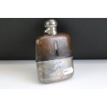 Edwardian silver, leather and glass hip flask, removable silver cup, leather covered shoulders,