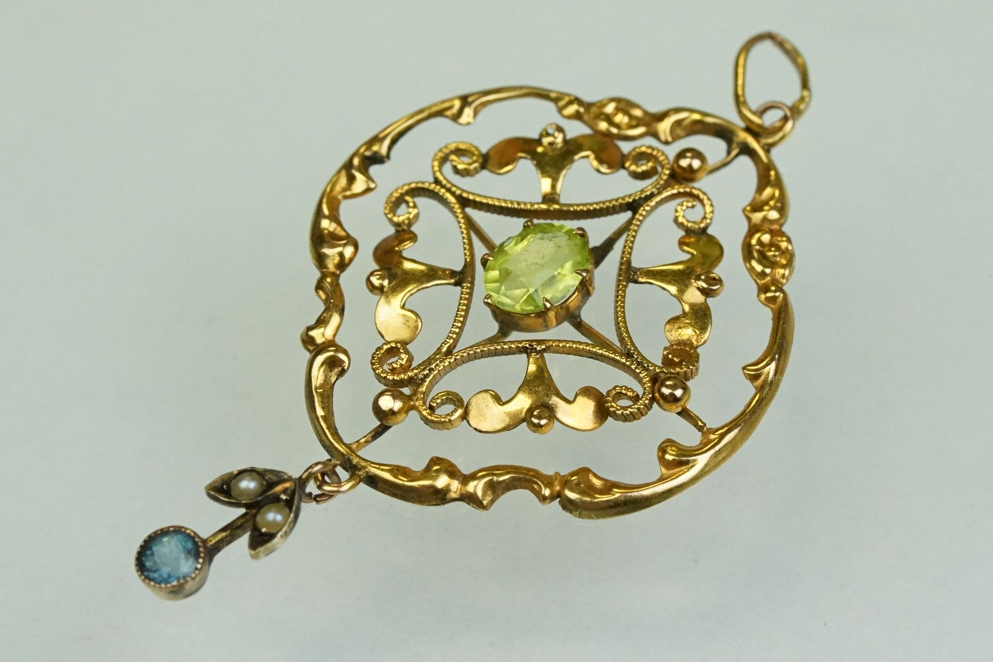 Edwardian peridot, zircon and seed pearl 9ct yellow gold pendant, the oval mixed cut peridot to - Image 2 of 8