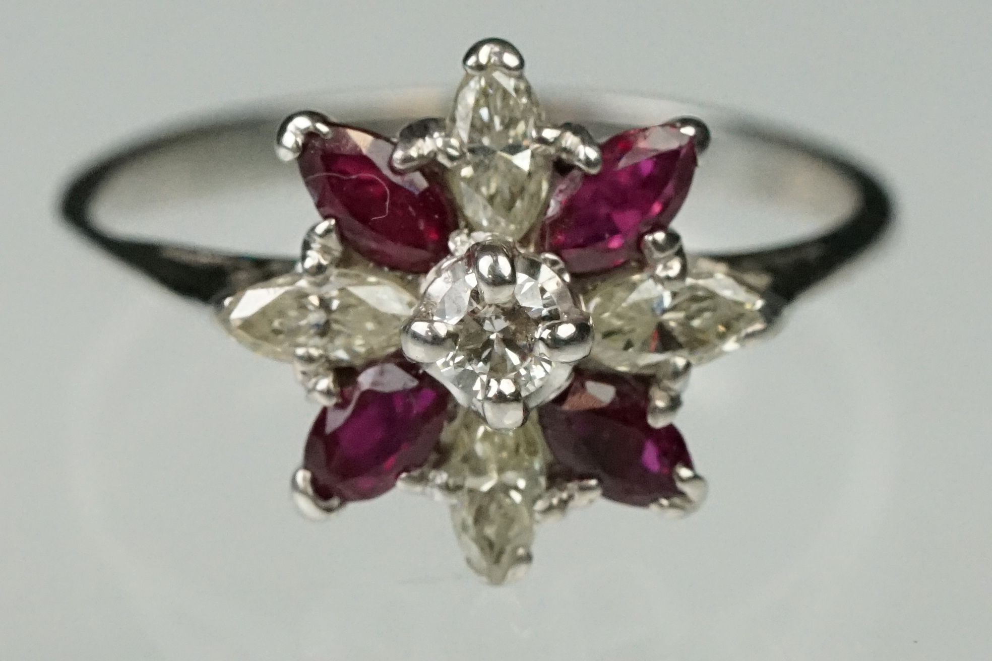 Ruby and diamond 18ct white gold flower head ring, central small round brilliant cut diamond - Image 2 of 6