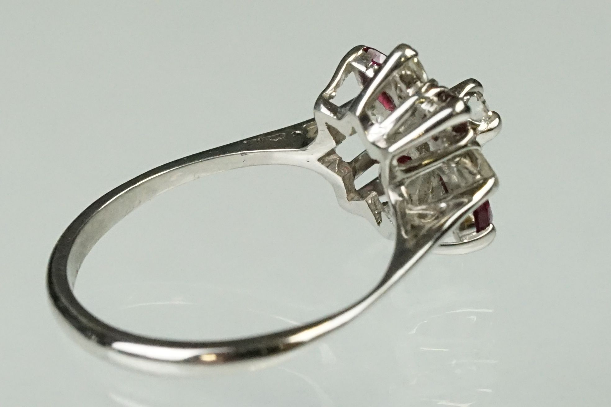 Ruby and diamond 18ct white gold flower head ring, central small round brilliant cut diamond - Image 4 of 6