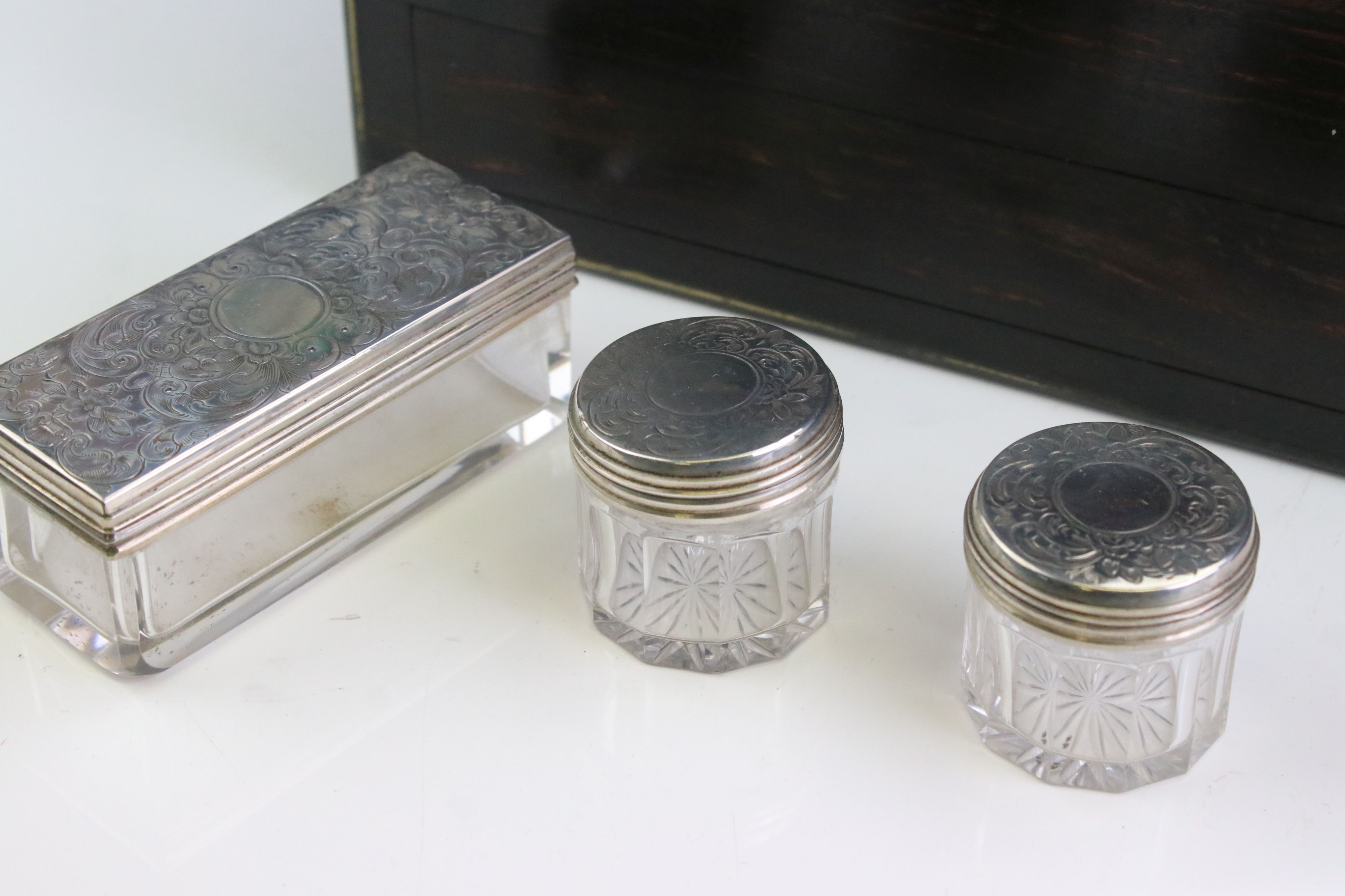 Mid 19th century coromandel travelling dressing box, containing silver topped dressing table jars, - Image 9 of 13