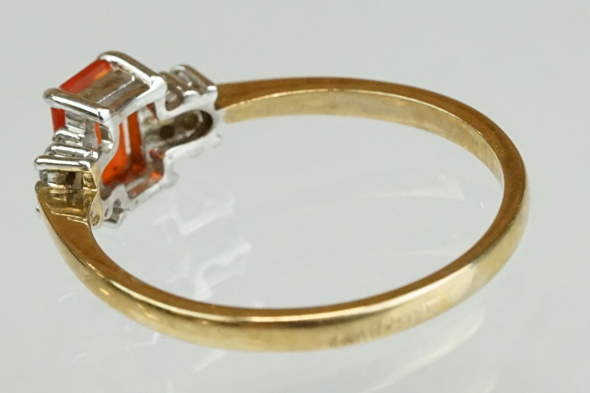 Fire opal and diamond 9ct yellow gold ring, the rectangular mixed cut fire opal measuring approx 6mm - Image 13 of 17