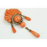 19th century coral and diamond yellow metal brooch of flared fan design, central round circular