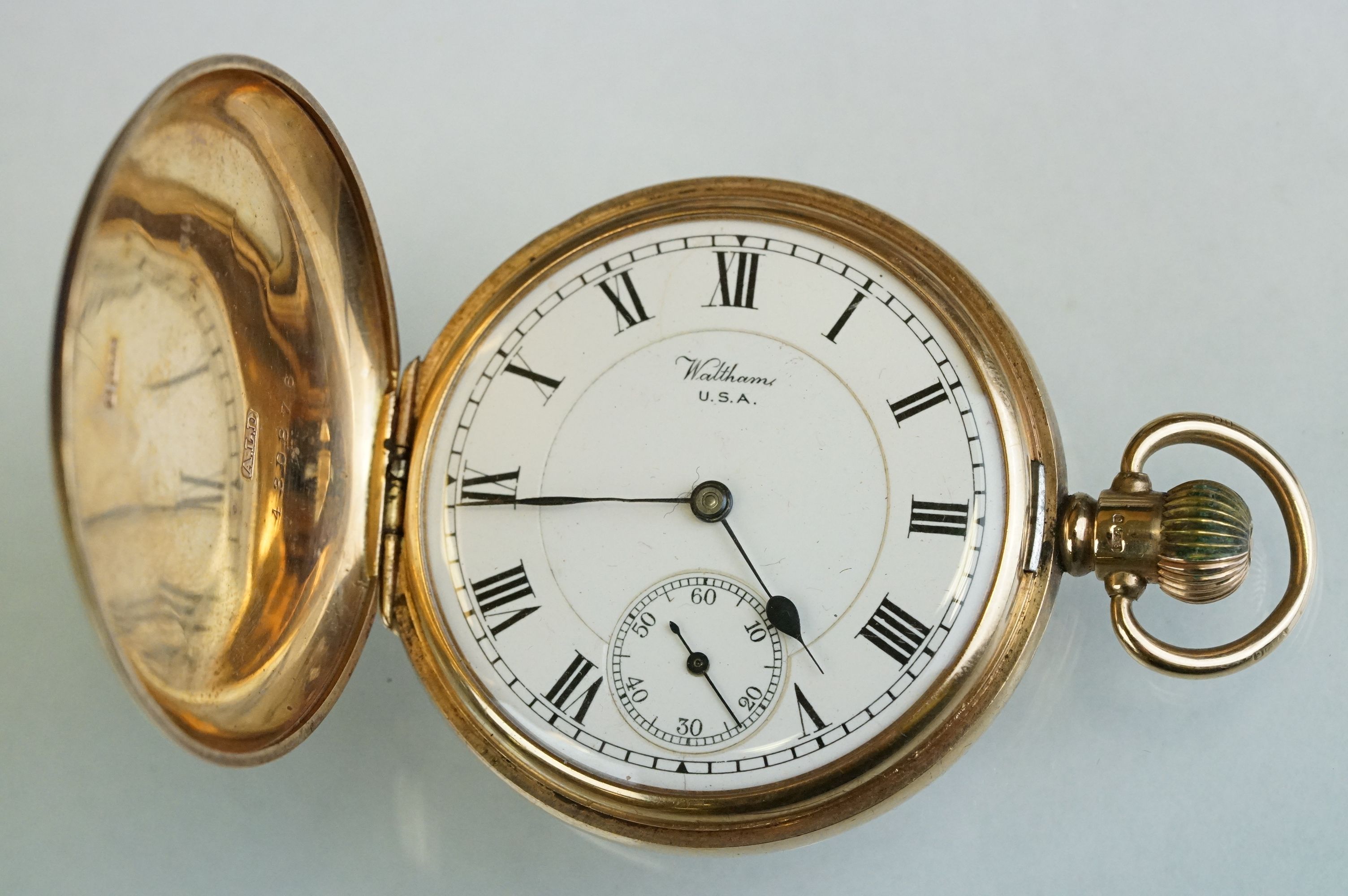 Waltham 9ct yellow gold full hunter top wind pocket watch, with black roman numerals on a white - Image 2 of 13