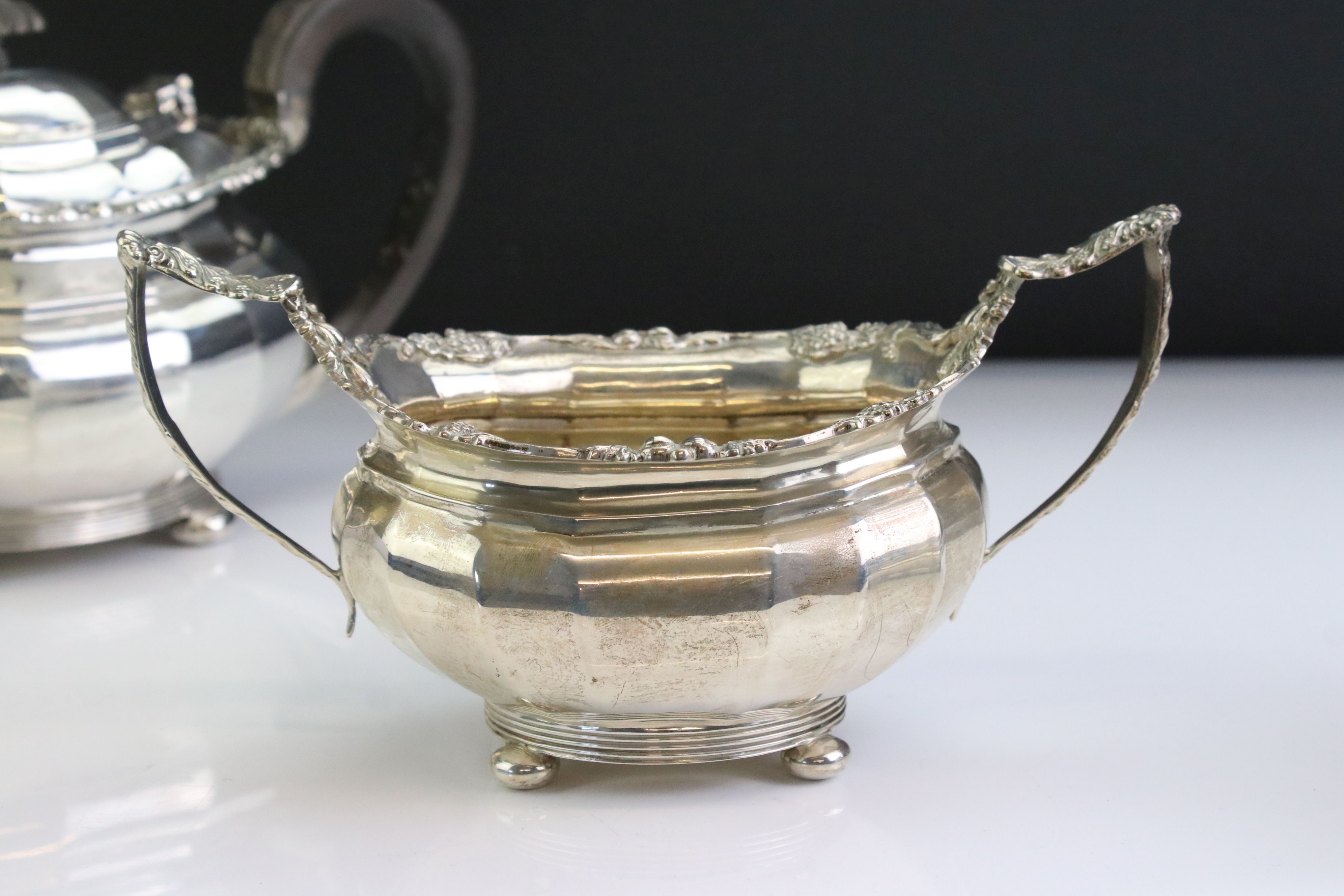 Three piece silver tea service, comprising teapot, milk jug and twin handled sugar bowl, the - Image 5 of 10