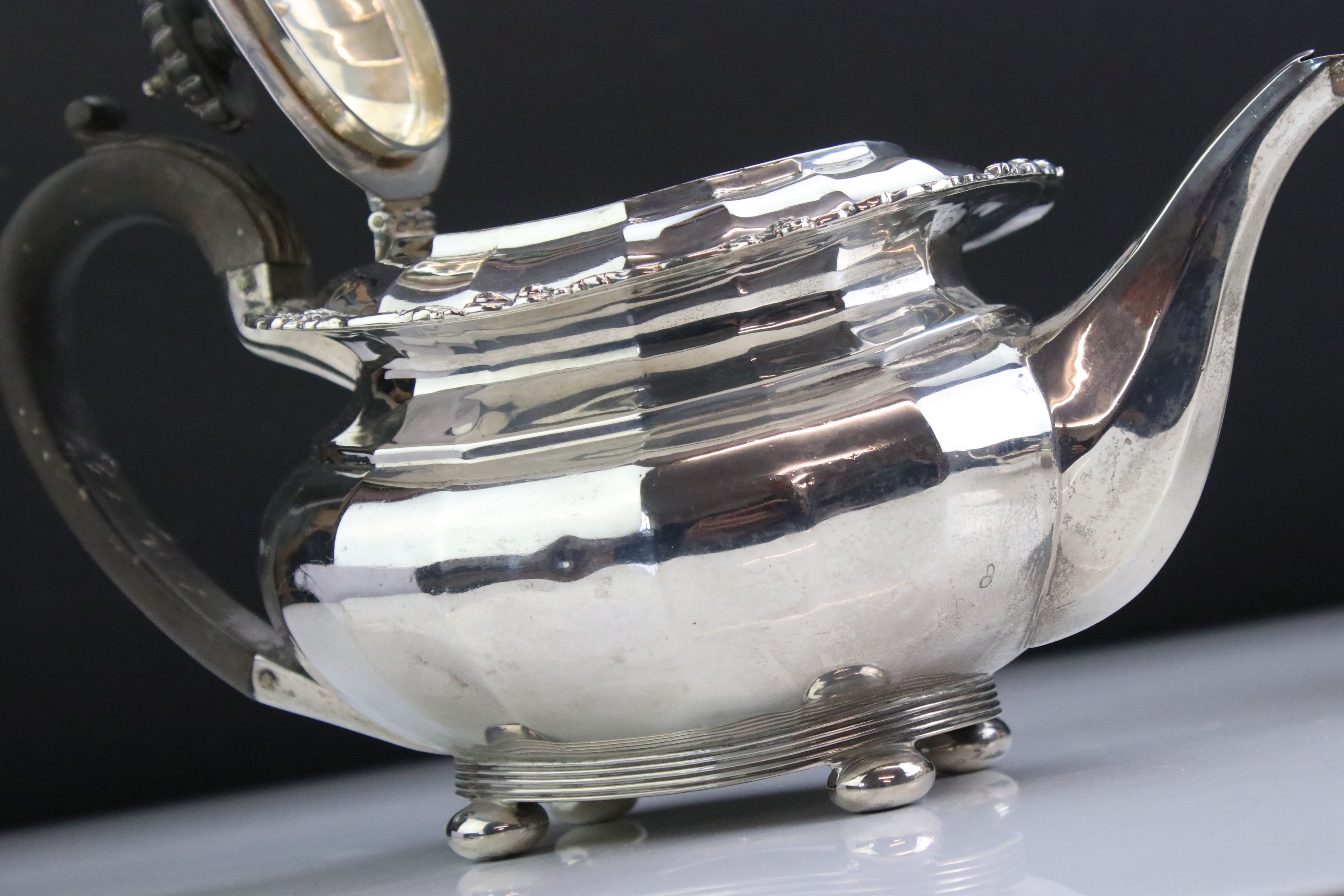 Three piece silver tea service, comprising teapot, milk jug and twin handled sugar bowl, the - Image 10 of 10