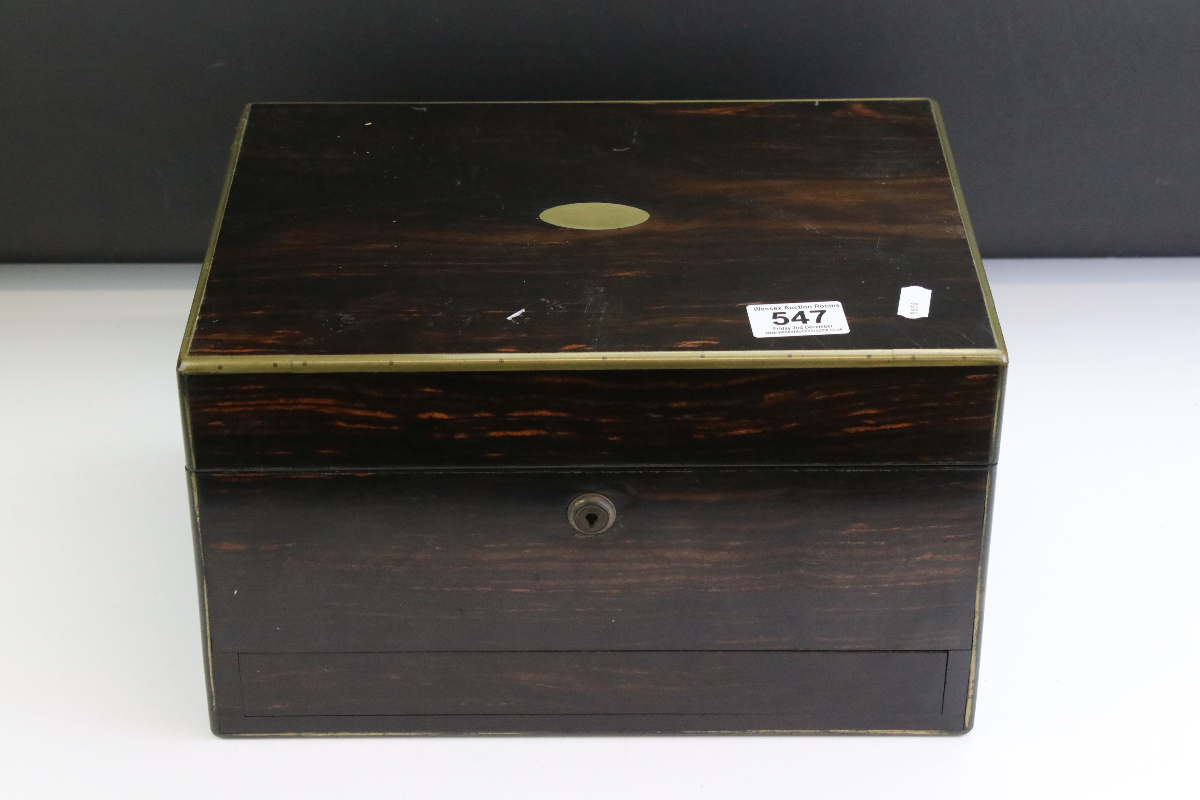 Mid 19th century coromandel travelling dressing box, containing silver topped dressing table jars, - Image 12 of 13