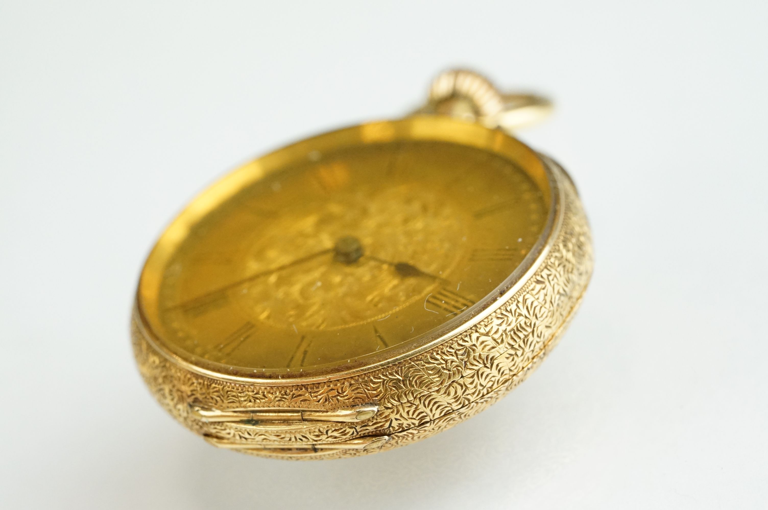 18K yellow gold top wind open-faced fob watch with black enamelled roman numerals on a bright cut - Image 5 of 12