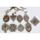 Nine silver hallmarked watch fobs, early to mid 20th century, to include examples with rose metal