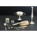 Group of silver items to include a silver twin-handled trophy on a wooden plinth (stamped silver),