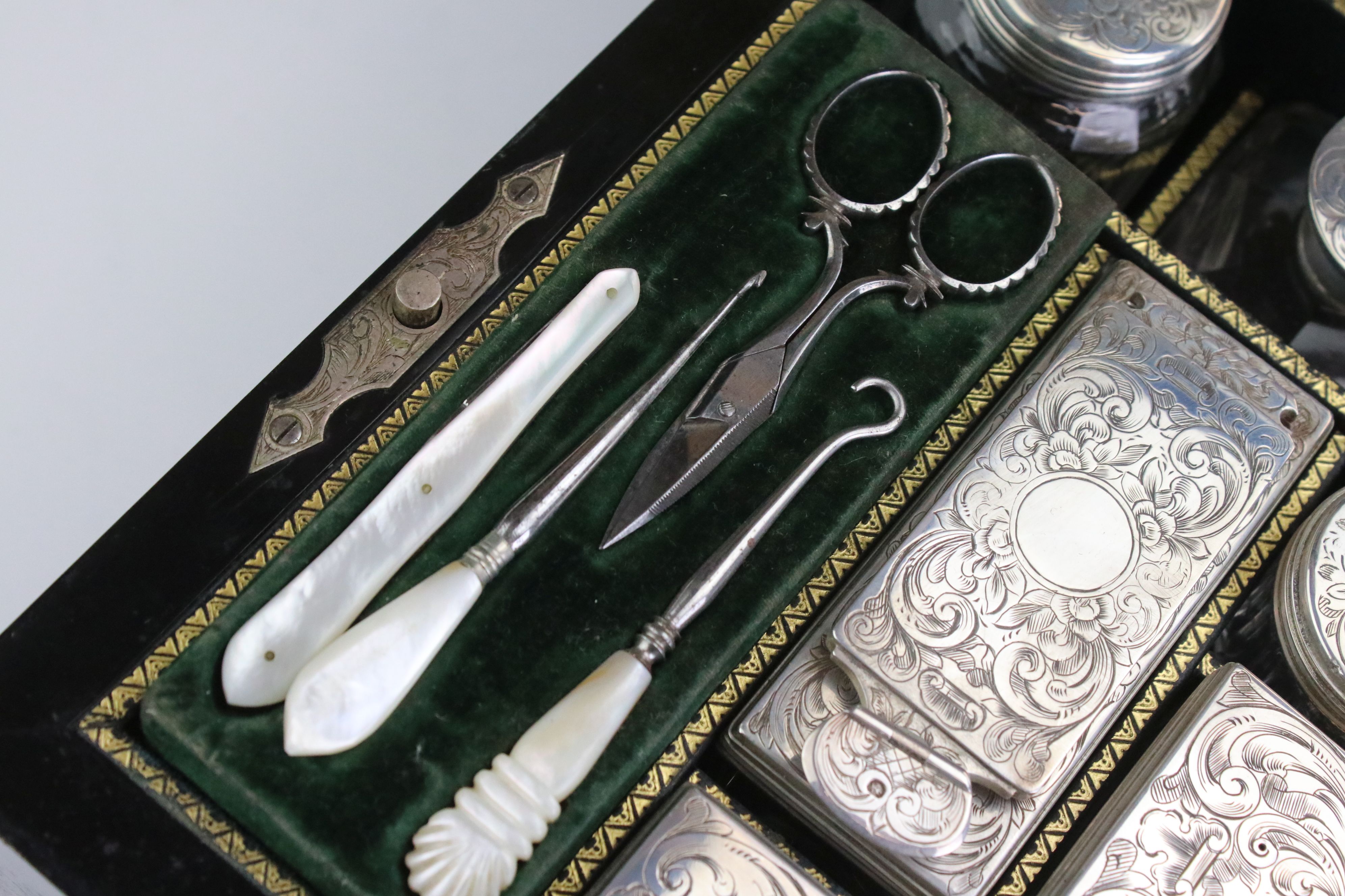 Mid 19th century coromandel travelling dressing box, containing silver topped dressing table jars, - Image 5 of 13