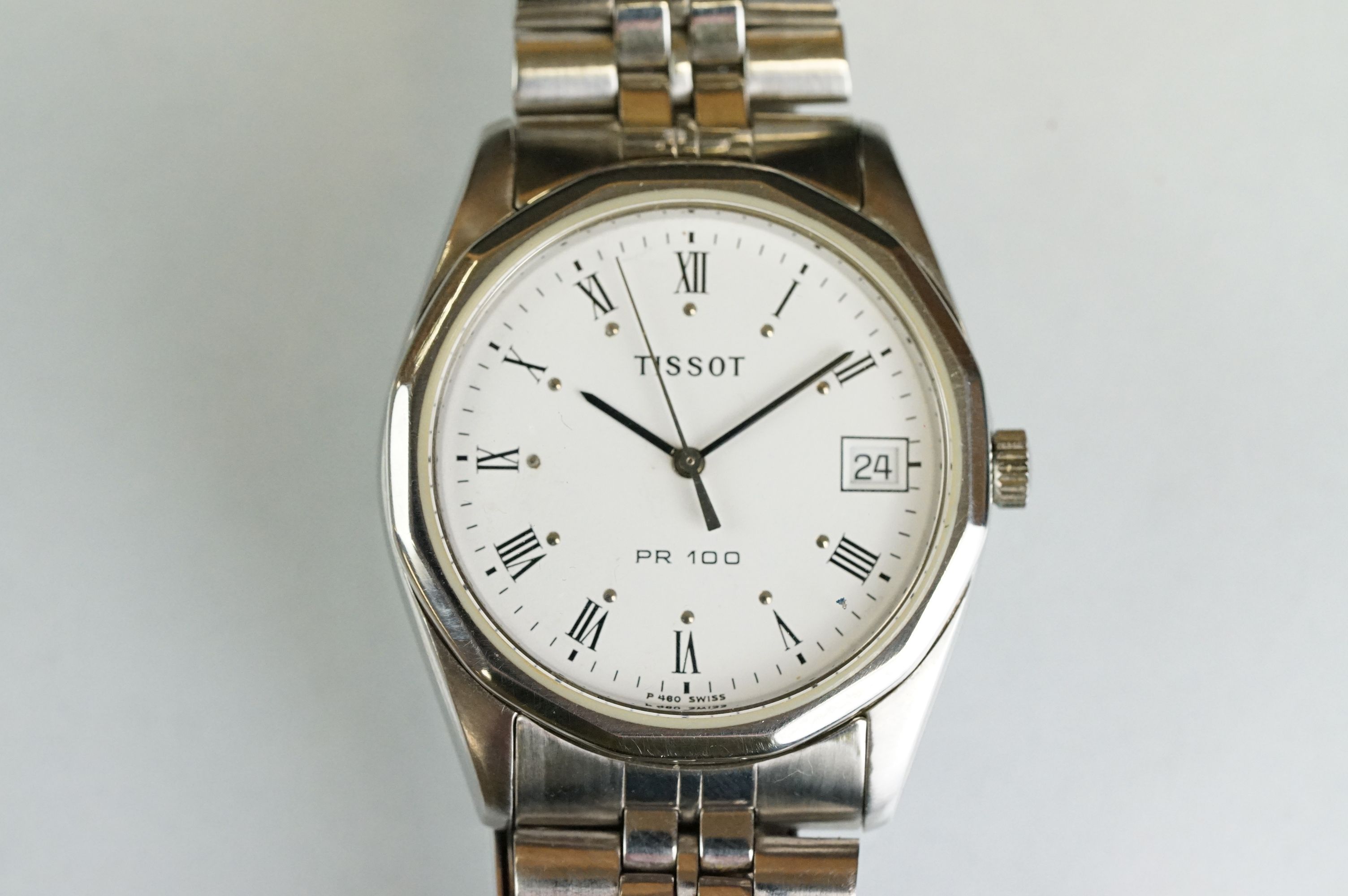 A gents Tissot PR100 wristwatch, stainless steel case with white dial and date function to 3 o'clock