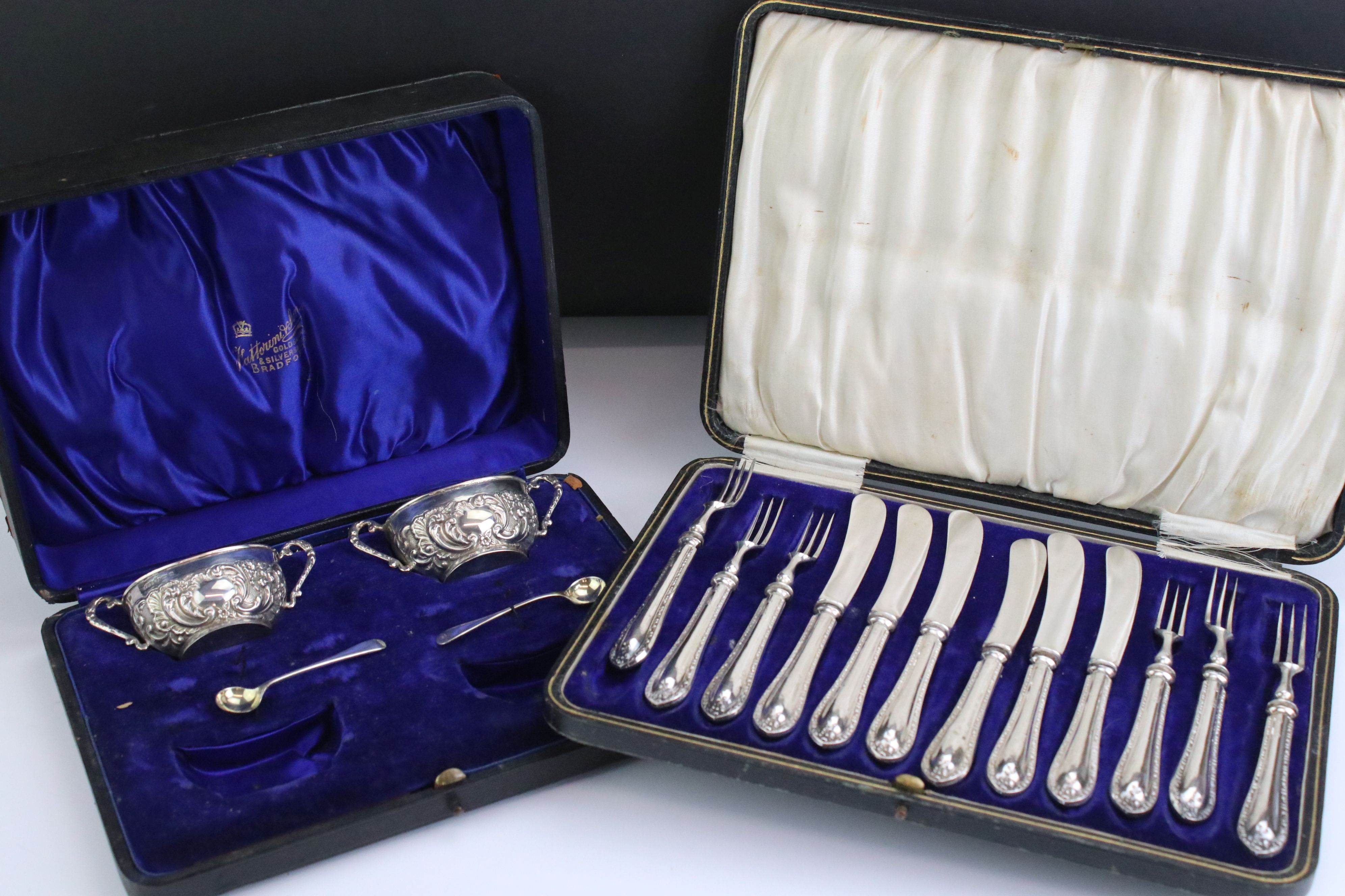 Set of silver fruit knives and forks, cast rose bud decoration to the handles, makers CW