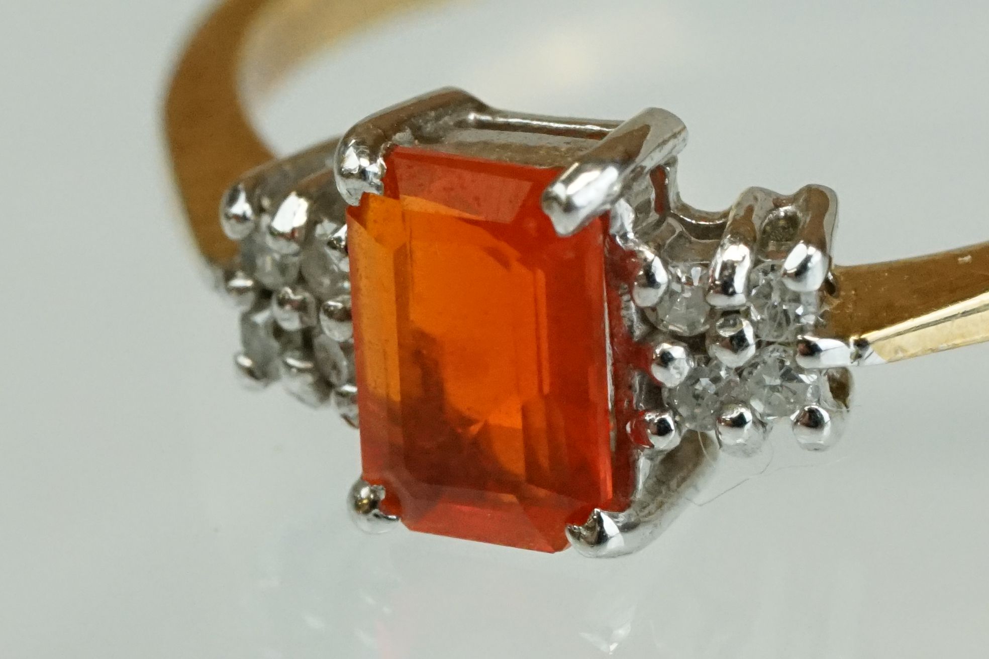 Fire opal and diamond 9ct yellow gold ring, the rectangular mixed cut fire opal measuring approx 6mm - Image 17 of 17