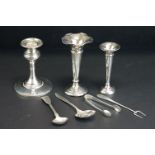 Collection of silver items to include an Edwardian silver candlestick with crimped rim, Birmingham