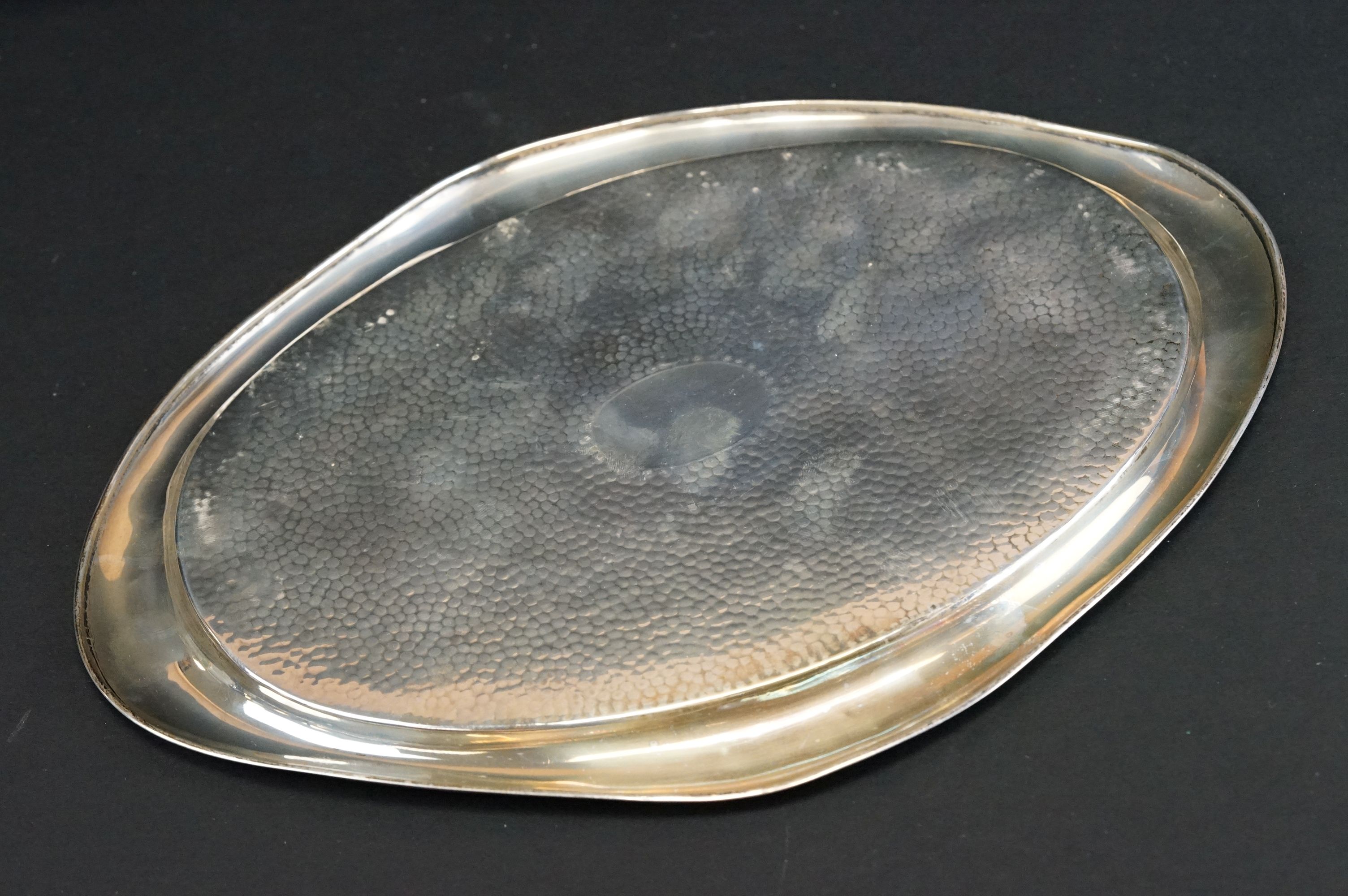 Silver oval planished tray, vacant cartouche to centre, plain polished border, makers Williams - Image 3 of 3