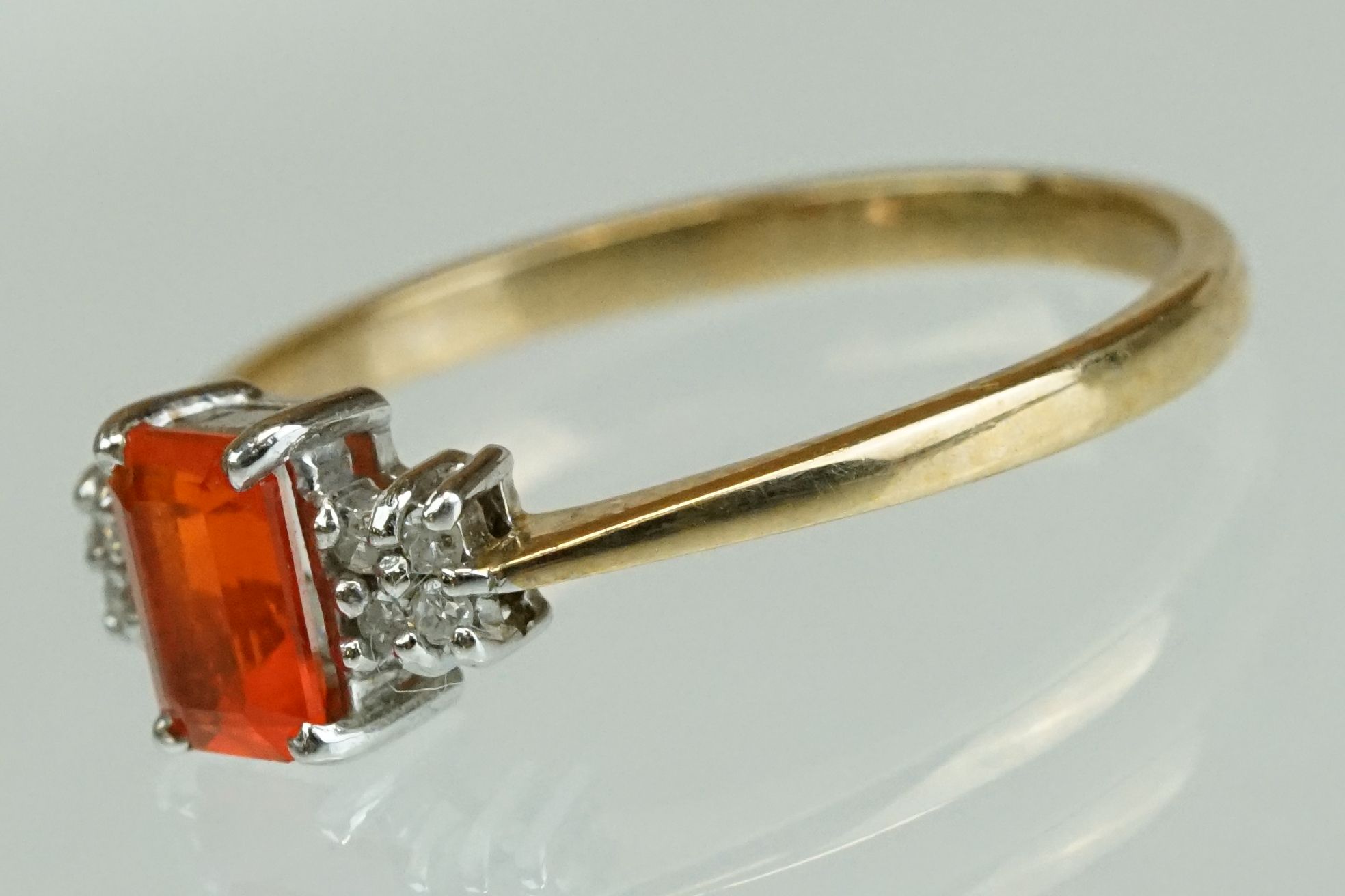 Fire opal and diamond 9ct yellow gold ring, the rectangular mixed cut fire opal measuring approx 6mm - Image 12 of 17