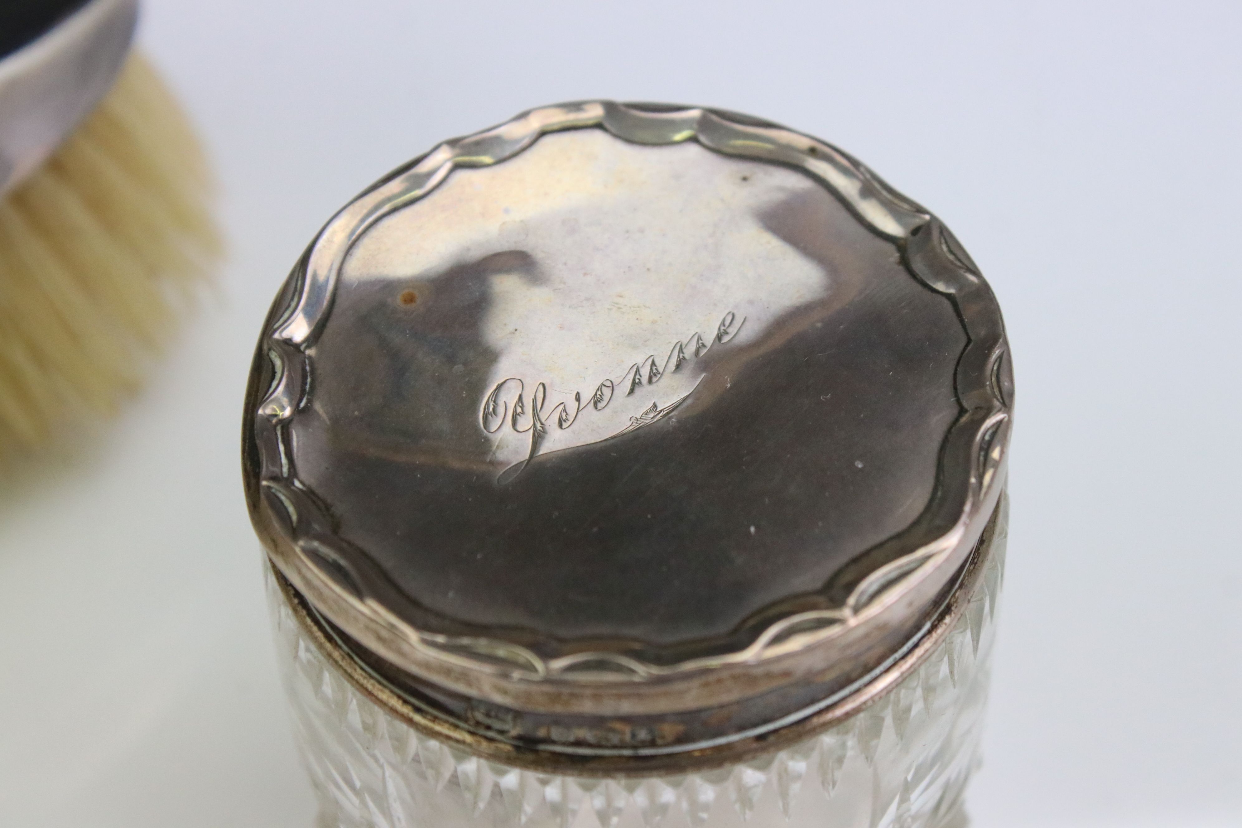 Pair of silver backed brushes, one with engraved initials JDW and dated 1922; makers Walker & - Image 3 of 8