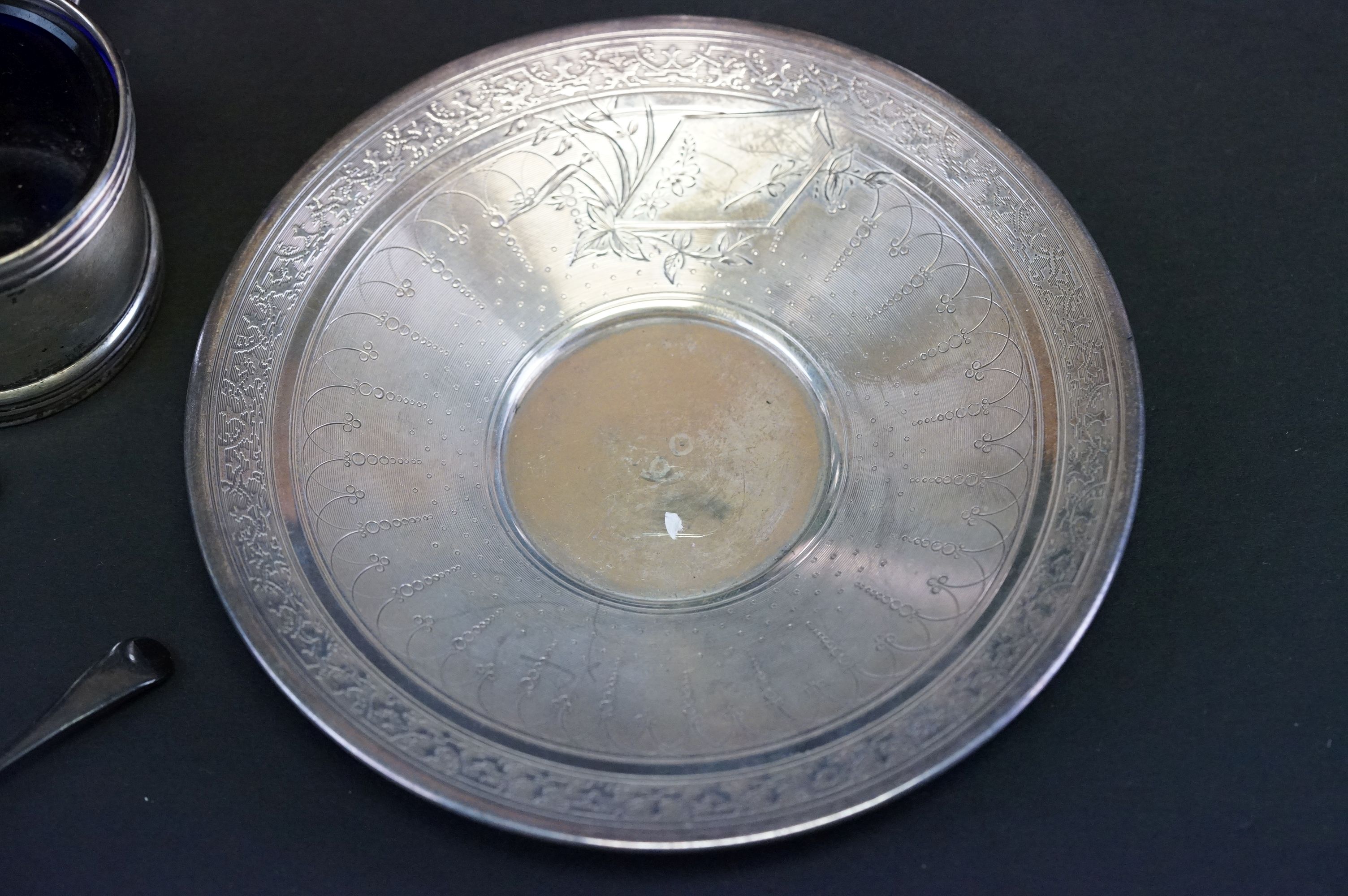 French silver cup and saucer, engine turned and engraved decoration, vacant cartouche, scroll handle - Image 3 of 7