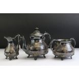 Silver three piece tea service comprising teapot, milk jug and twin handles sugar bowl, the teapot