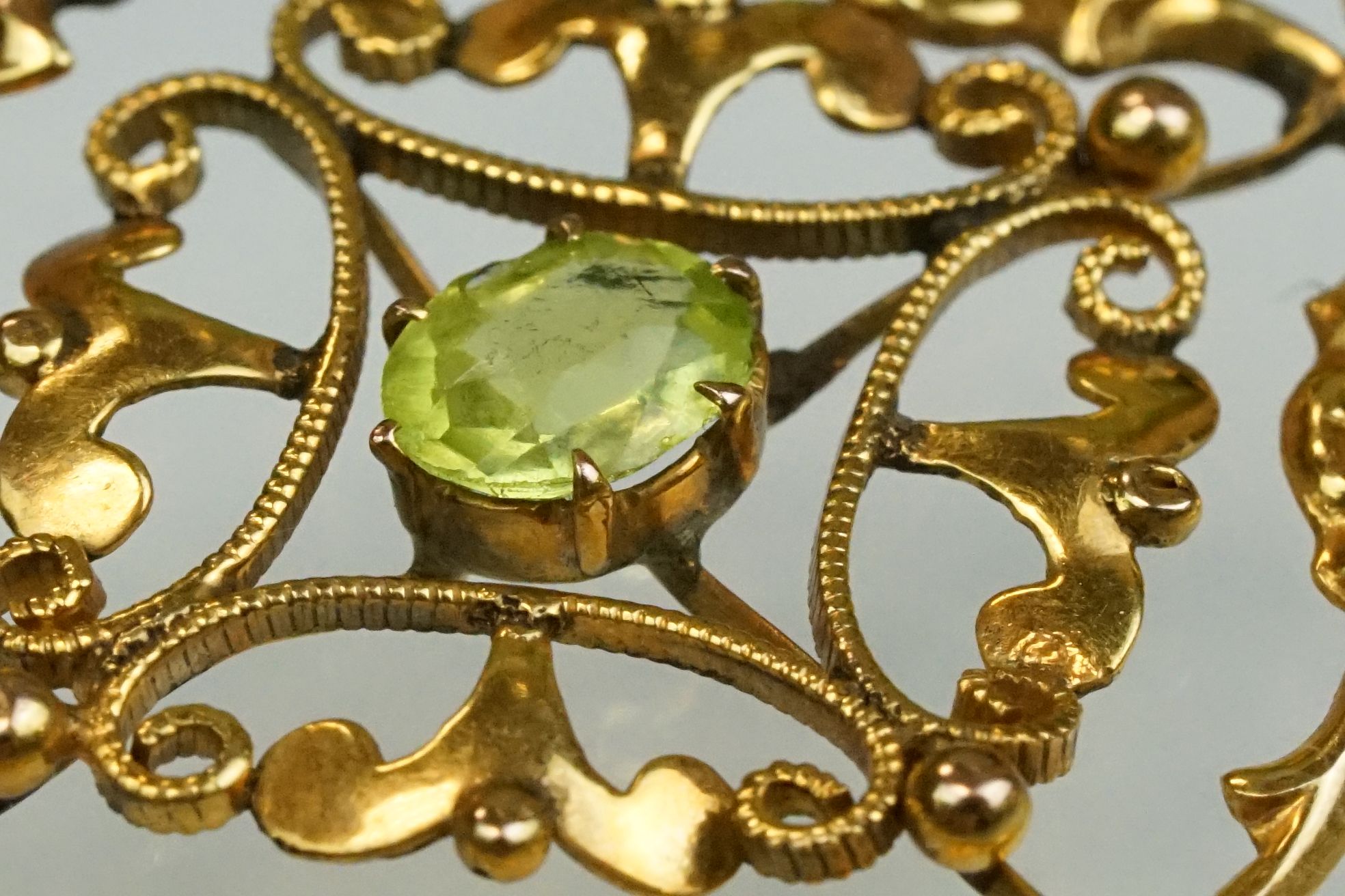 Edwardian peridot, zircon and seed pearl 9ct yellow gold pendant, the oval mixed cut peridot to - Image 4 of 8