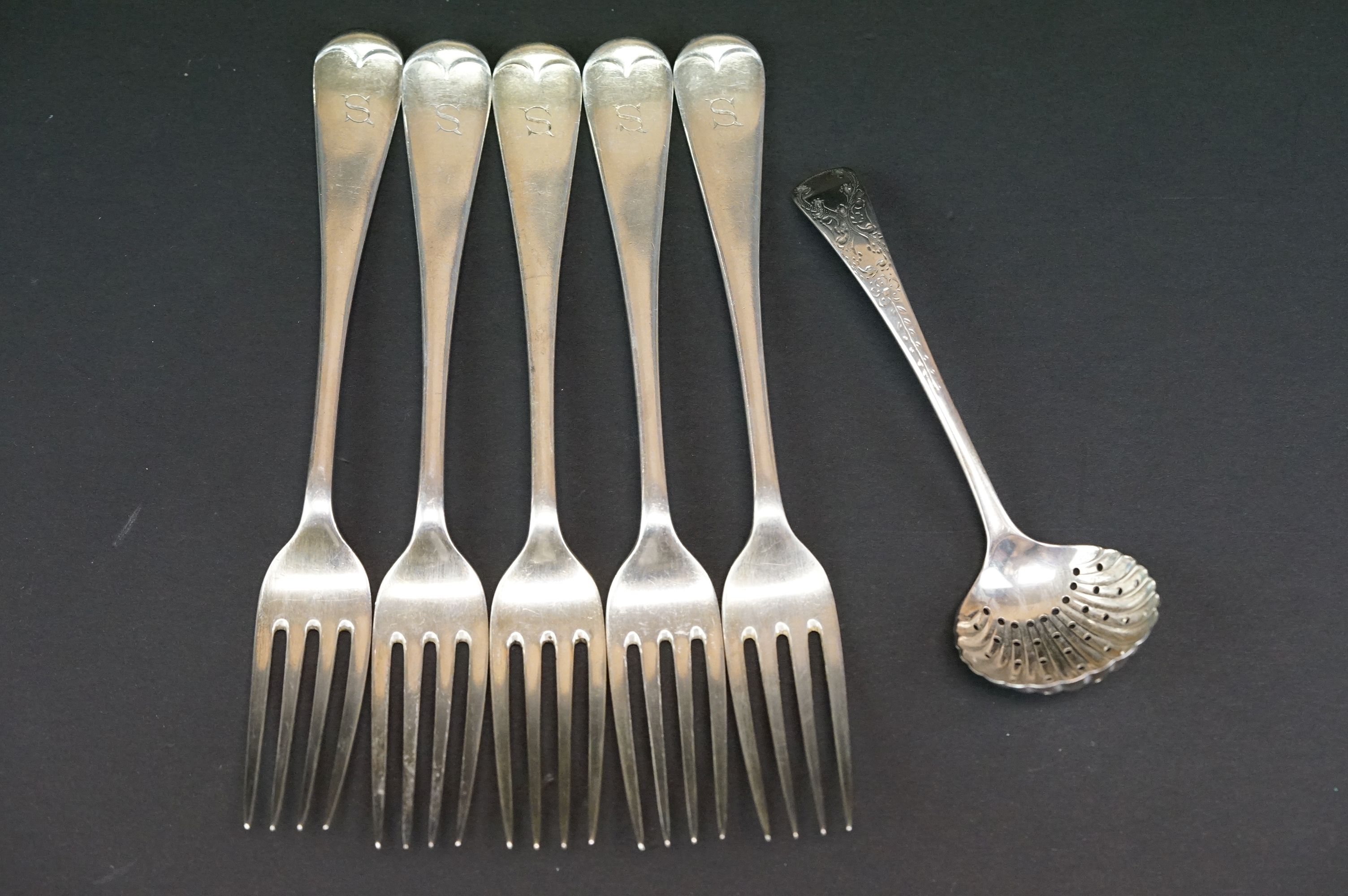 Set of Five Edwardian Old English pattern silver dinner forks, initialled terminals, Sheffield 1902,