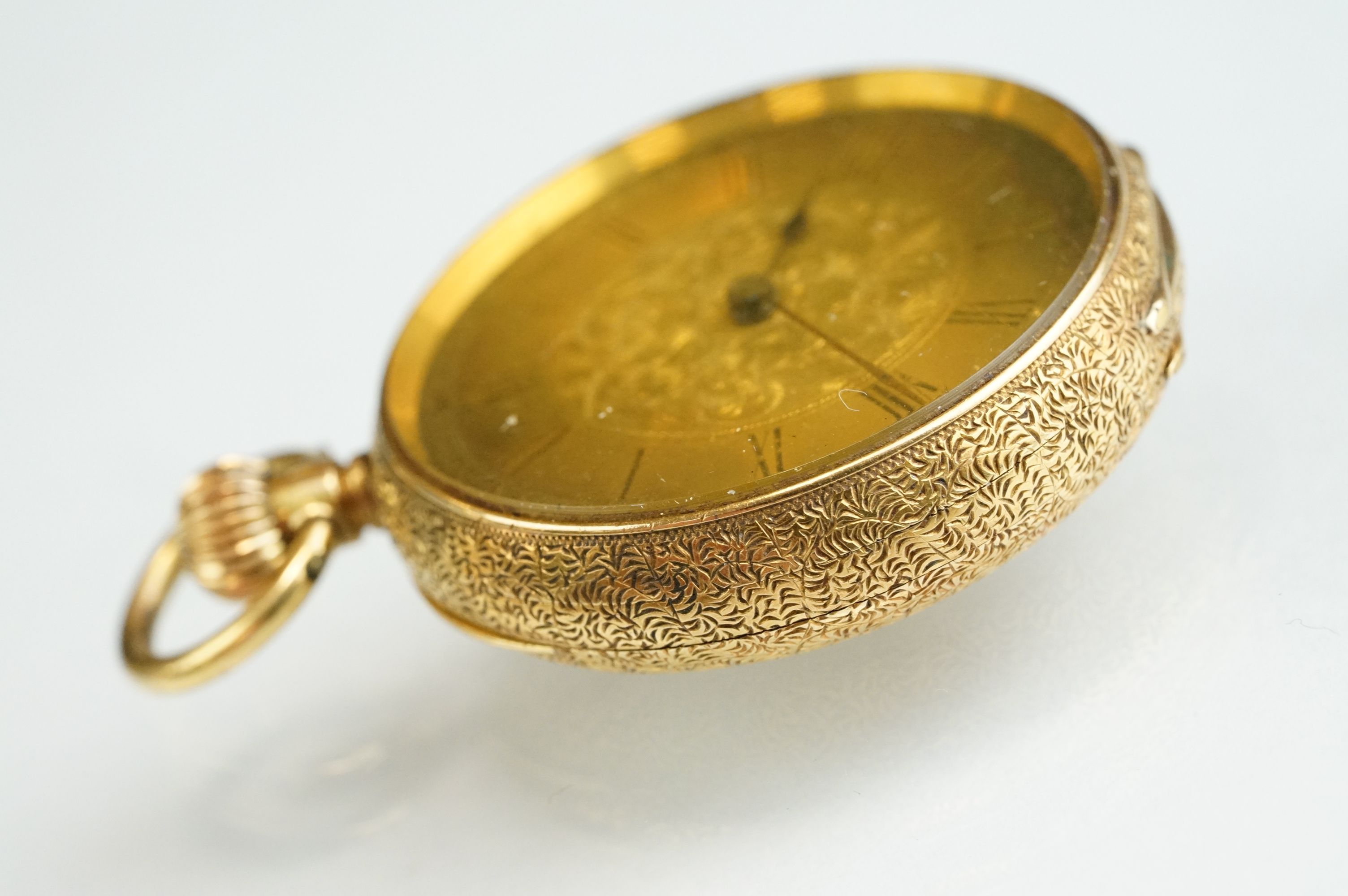 18K yellow gold top wind open-faced fob watch with black enamelled roman numerals on a bright cut - Image 3 of 12