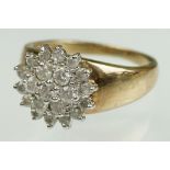 Diamond 9ct yellow gold three tier cluster ring, twenty-one round brilliant cut diamonds, shared