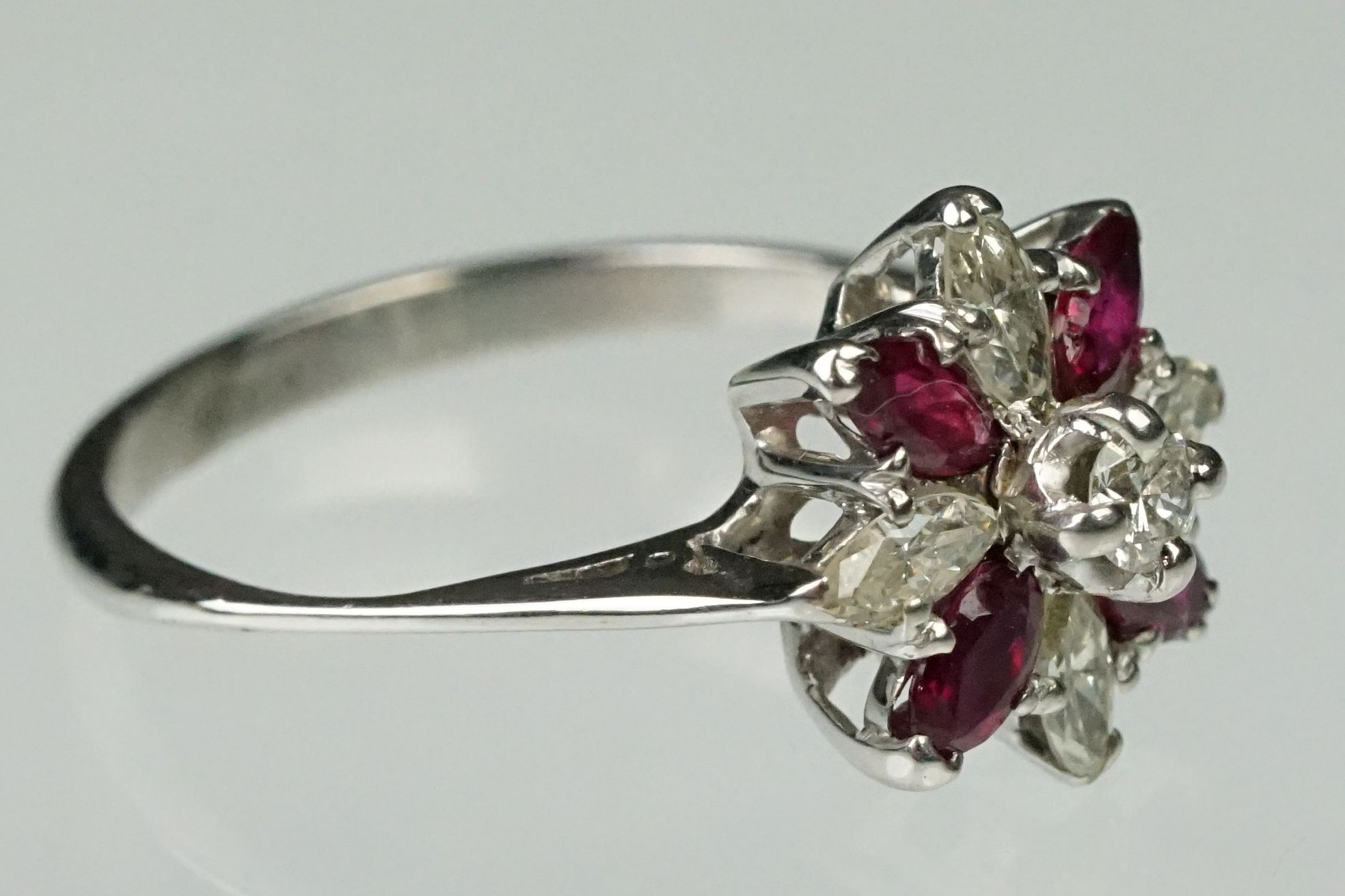 Ruby and diamond 18ct white gold flower head ring, central small round brilliant cut diamond - Image 3 of 6